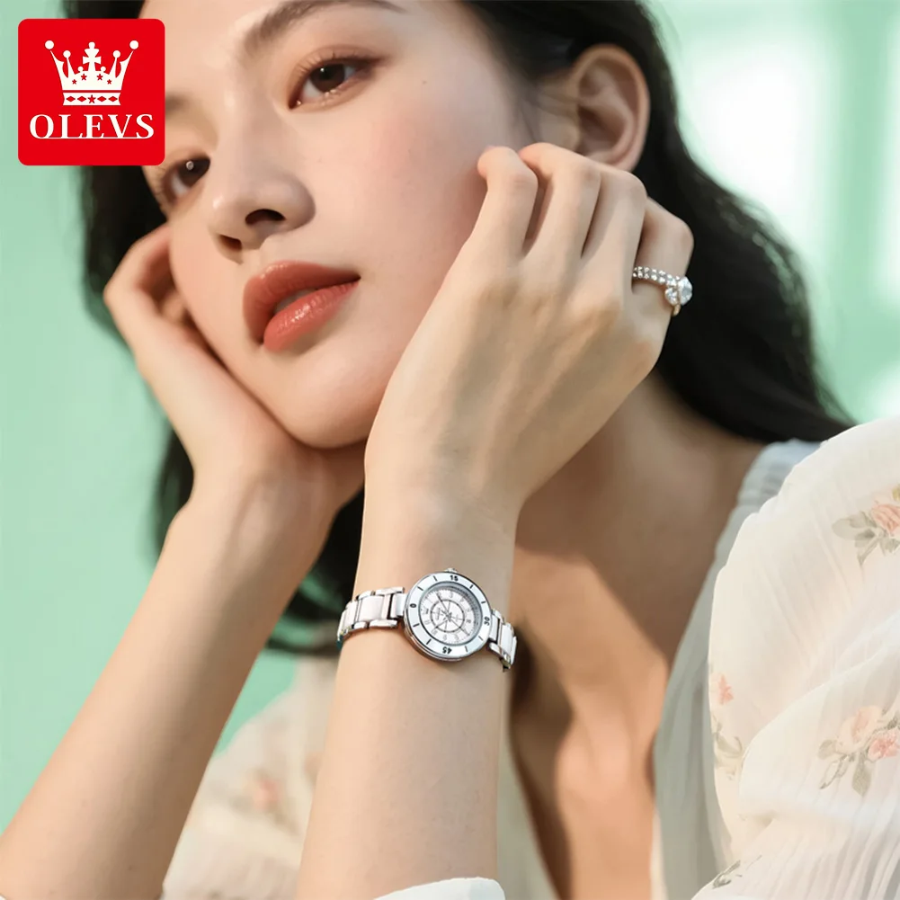 OLEVS 7083 Woman Watch Fashion Number Scale Quartz Watch For Women Luminous 30M Waterproof Ladies Wristwatch Ceramic Steel Strap