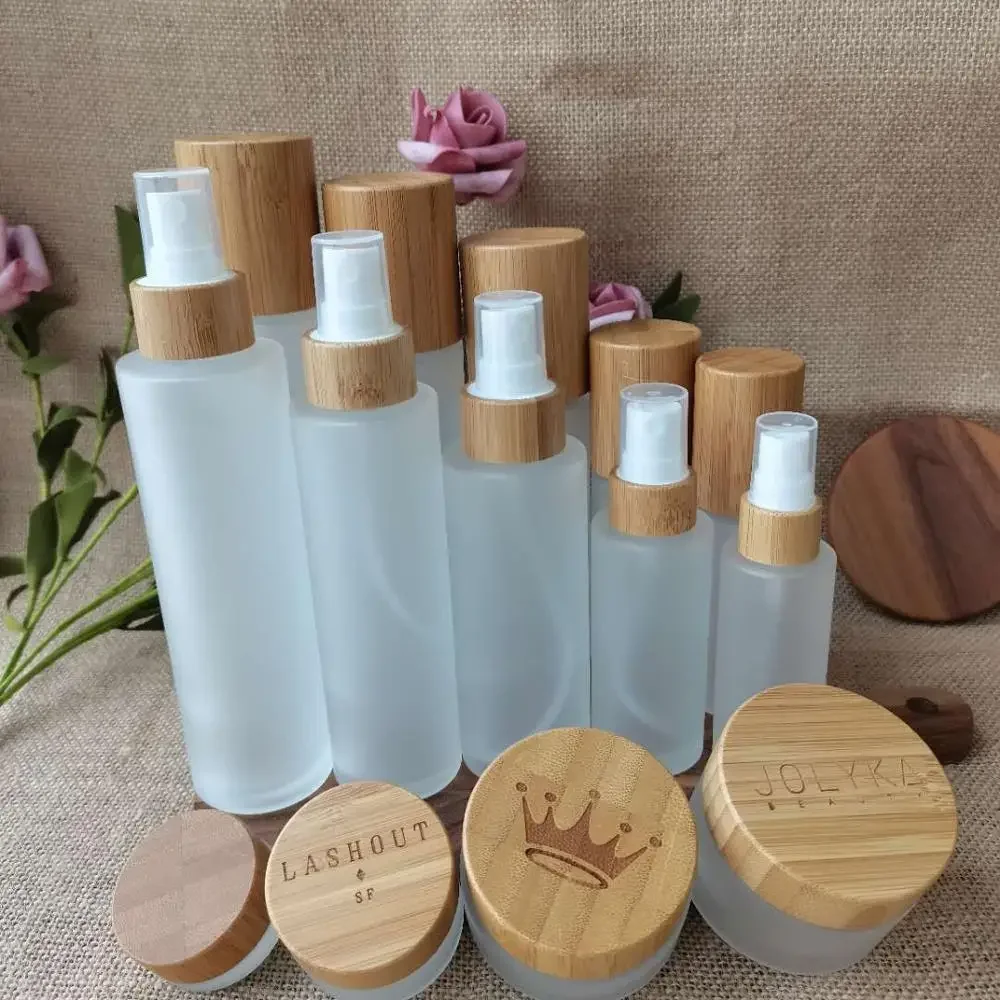 

Bamboo Lid cosmetic container frosted glass bamboo bottles with lotion/spray cap,Spray Bottles, luxury cosmetic packaging