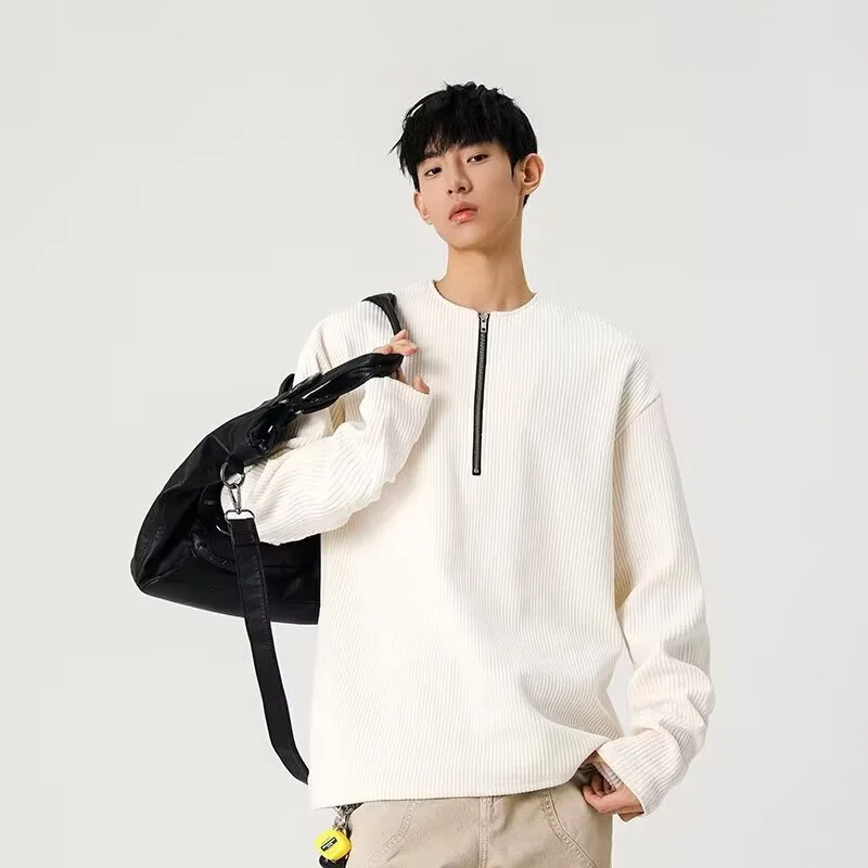 تي شيرت رجالي كاجوال بنصف سحاب وأكمام طويلة من العلامة التجارية الأمريكية الرجعية #2