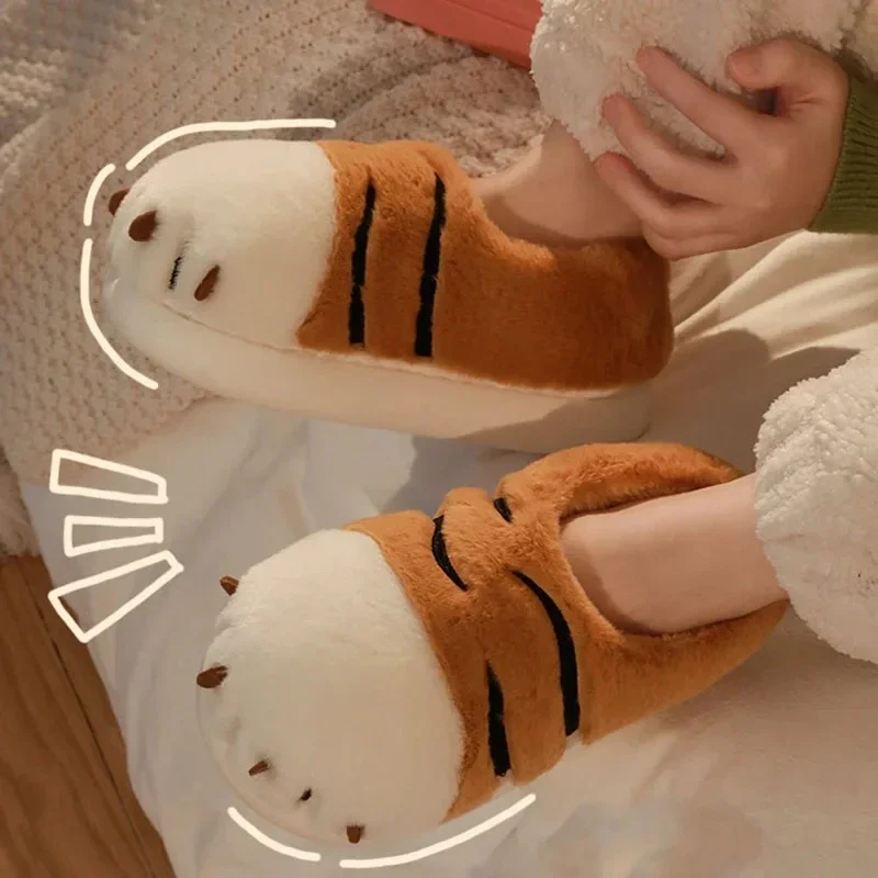Pantoufles en peluche de patte de tigre pour femmes, fourrure moelleuse, pantoufles plates, coordonnantes, floues, animaux Kawaii, mignonnes,