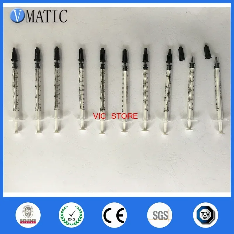 Free Shipping 10 Sets Dispensing Plastic Manual Syringes 1cc/ml With White Plunger With Black Cap/Stopper