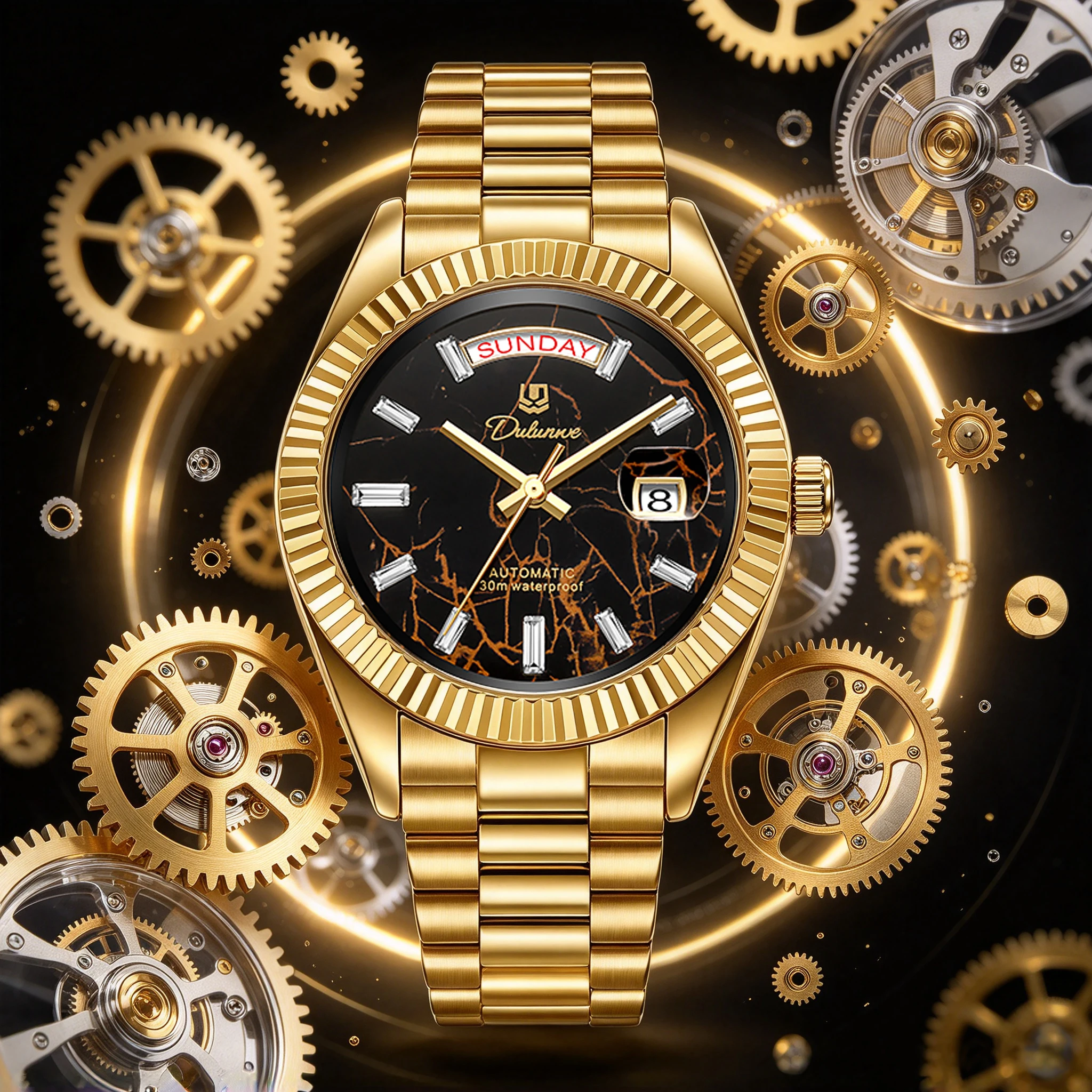 Dulunwe Men's Self-winding Mechanical Watch Golden Case Orange Gradient Dial Diamond Inlay Roman Number Waterproof Wrist Watch