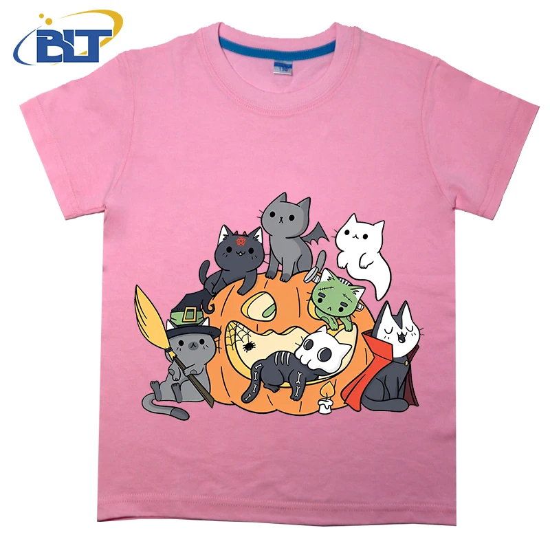 T-shirt d'Halloween à Manches Courtes en Coton pour Enfant, Vêtement Décontracté, Imprimé de Chatons, Adapté aux Garçons et aux Bol, Collection d'Été