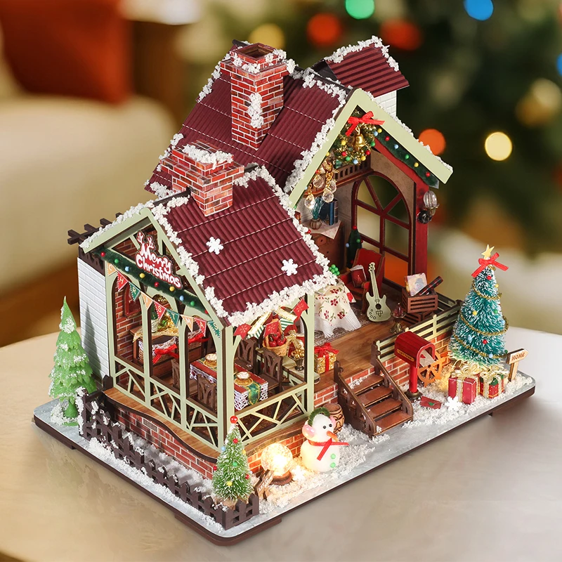 DIY Drewniane Ciepłe Świąteczne Figurki Casa Miniaturki Domek dla Lalek Zmontowane Domki ze Światłami na Prezenty dla Przyjaciół Dekoracje Domu Rękodzieło