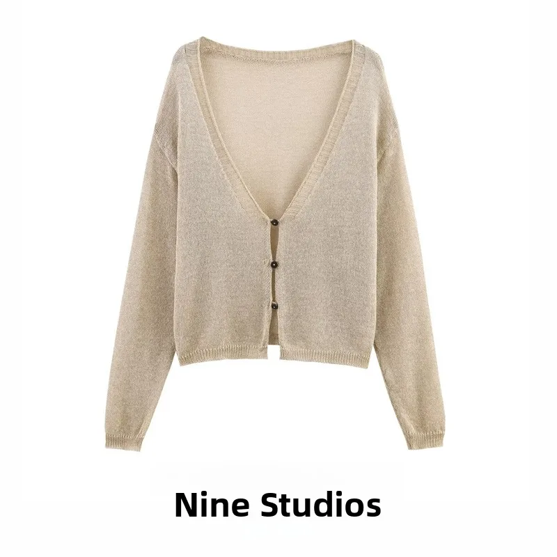 

NINE ZA Women's Long Sve V-Ne Loose Knitted Cardigan Silk Leisure Outerwear Comfortable Breathable Color