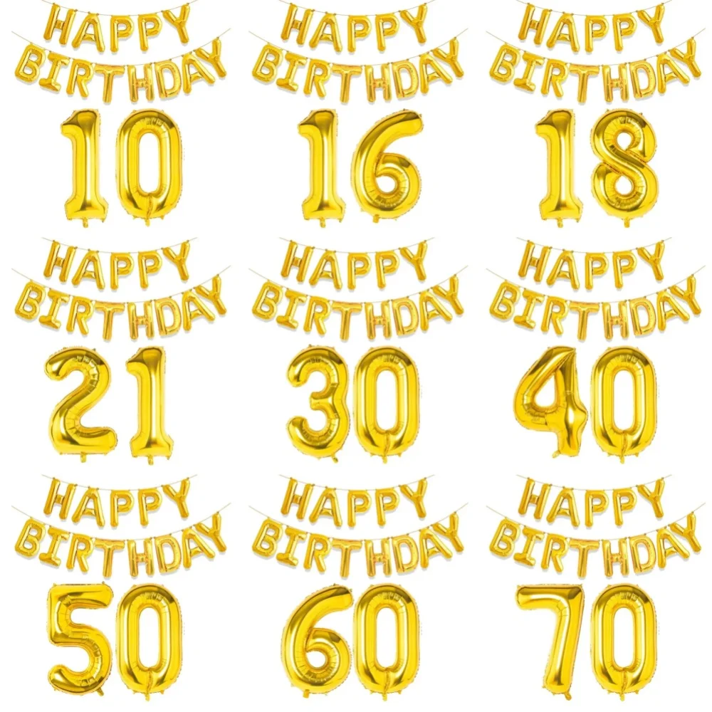 15Pcs Gold 'Happy Birthday' Number Foil Balloons for Party Decoration Ages 10 to 70 Years Old Celebrations