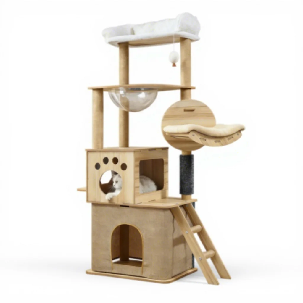 

Modern Eco friendly Wood Cat Climbing Frame House Integrated Space Saving Jumping Platform Tree Toy Shelf for Home