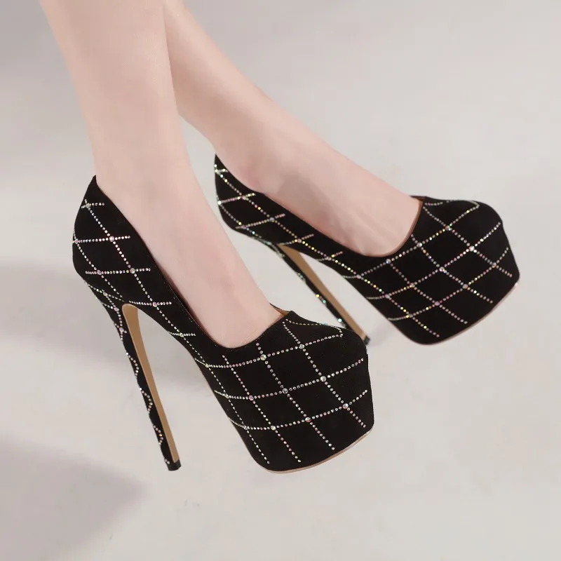 

Женская обувь на высоком каблуке 16 см, черные замшевые туфли на тонком каблуке со стразами и платформой