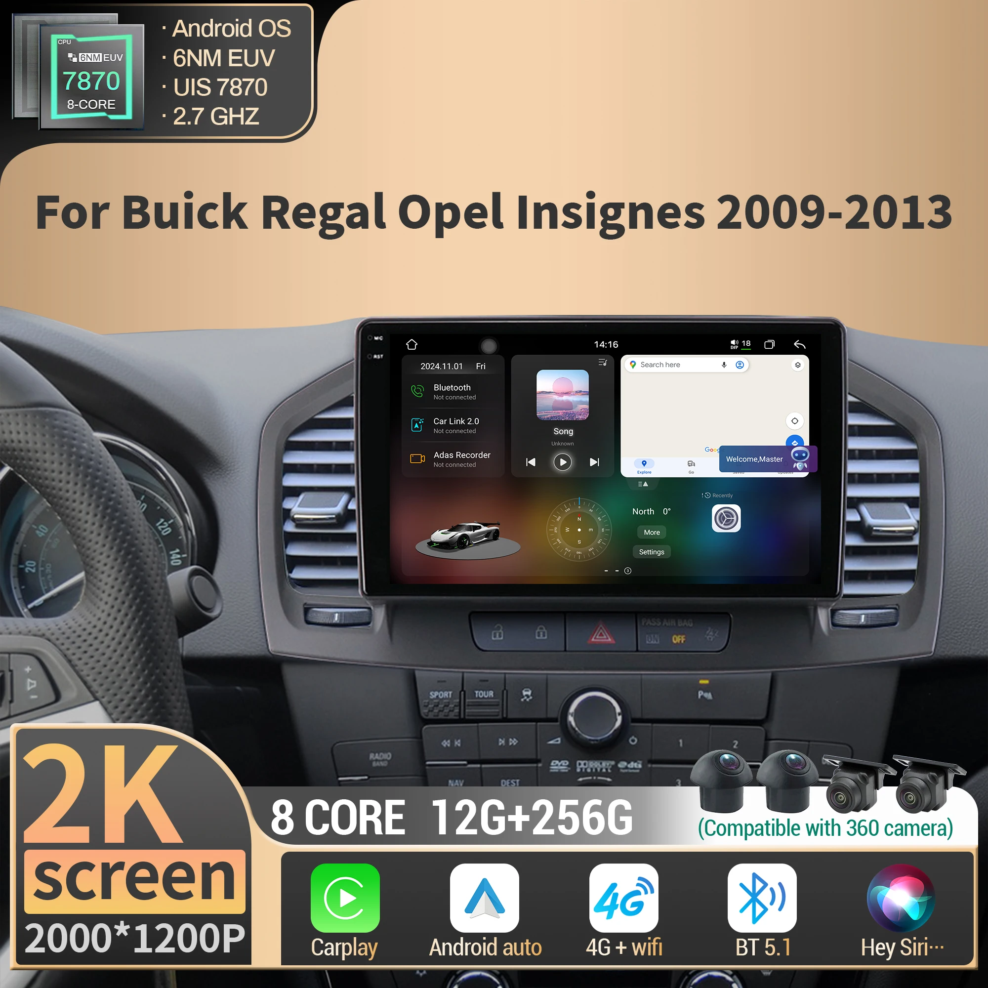 

For Buick Regal Opel Insignia 2009-2013 Android Car Radio Wireless BT Carplay Multimedia 4G GPS CPU 7870 2K QLED Screen