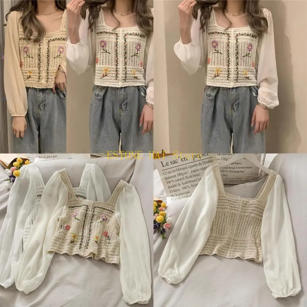 

49MF Women Puff Sleeve Shirt Square Neck Floral Embroidery Crochet Knit Top