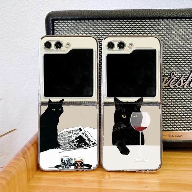 

Funny Cartoon Black Cat Phone Case For Samsung Galaxy Z Flip 6 5 4 3 For Samsung Flip6 Flip5 Hard Folding Transparent Cover