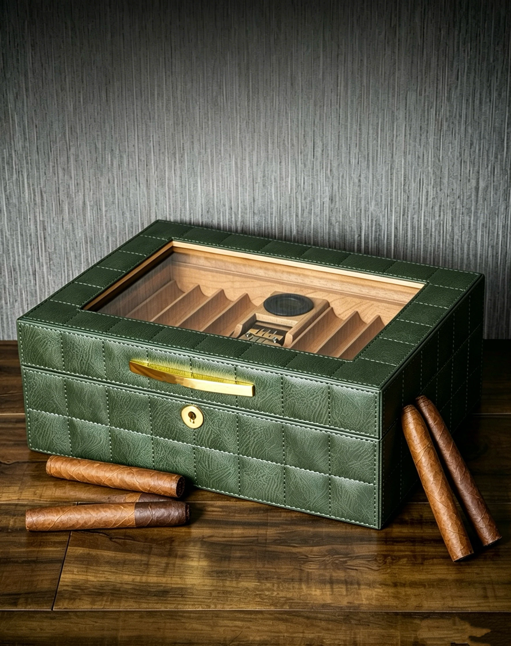 Genuine Leather Cedar Cigar Box, Double Layered Transparent Window Large Capacity Moisturizing Cigar Box.