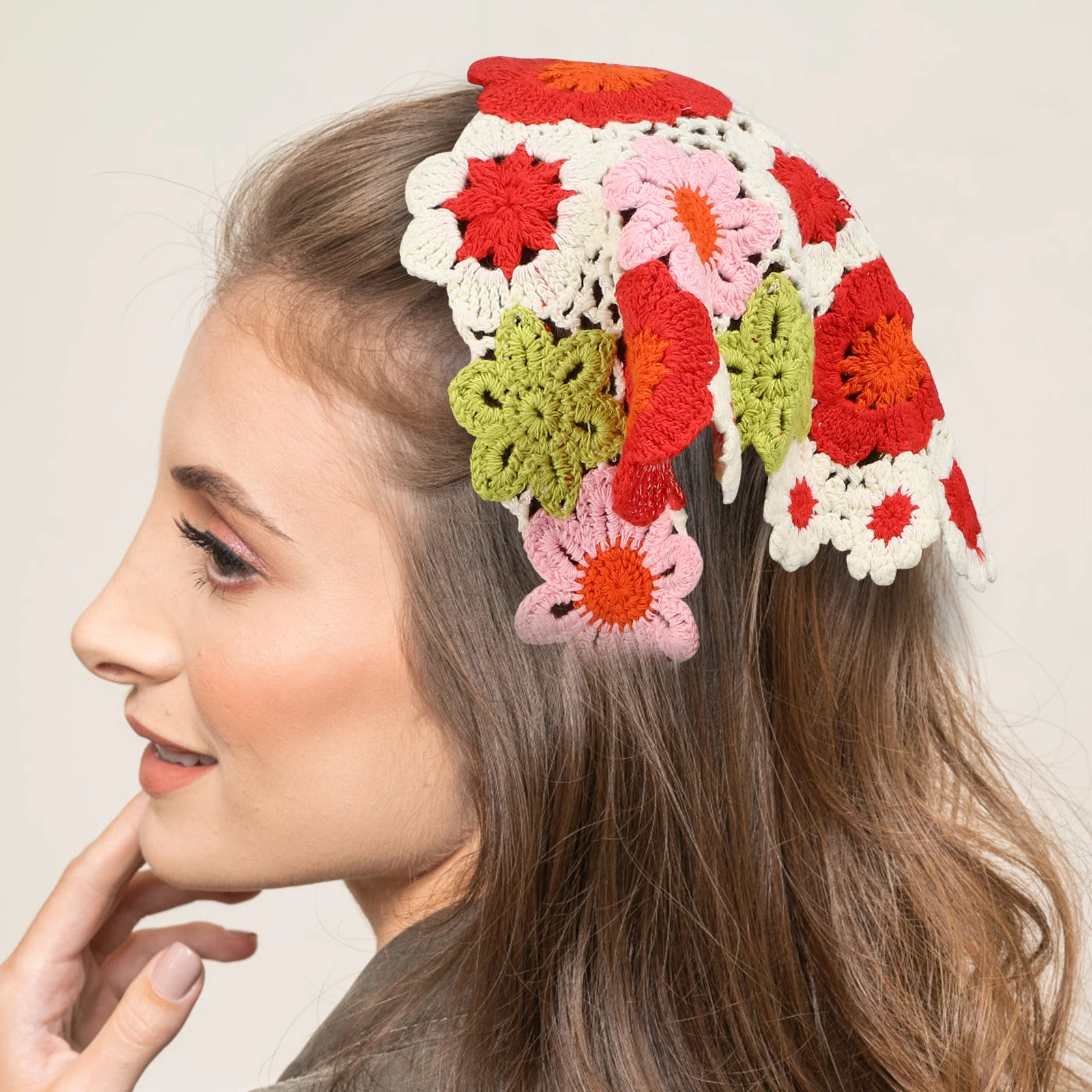

3pcs Crochet Hair Scarf Flower Pattern Bohemian Head Kerchief Adjustable Bandana For Women Headwear Hair Bandanas