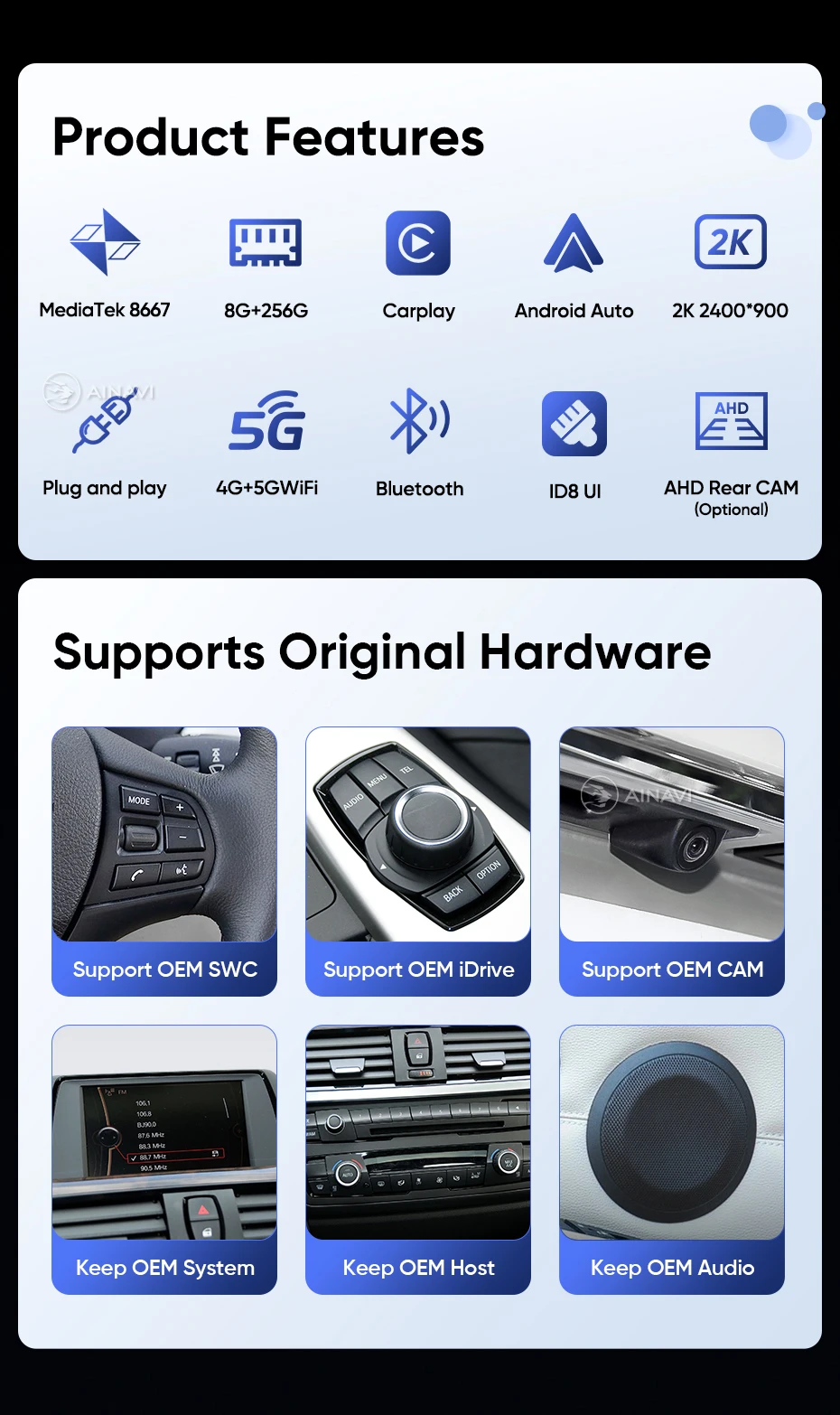 Ainavi Autoradio für BMW F30 F32 F20 F21 2011 2012 2013 2014 2015 2016 Kabelloses Carplay Android Auto Multimedia IPS-Bildschirm – Detail 2