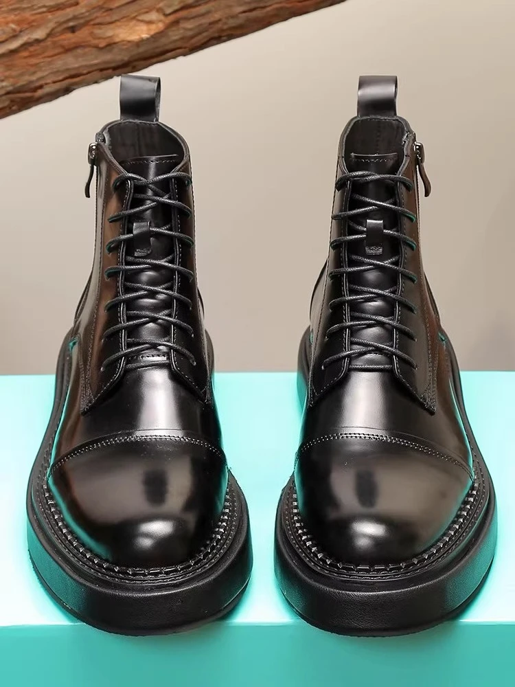 

Autumn and Winter New Men's Leather Boots Thick-soled Fleece Lace-up Round Toe Mid-top Men's Boots Fashionable Men's Shoes