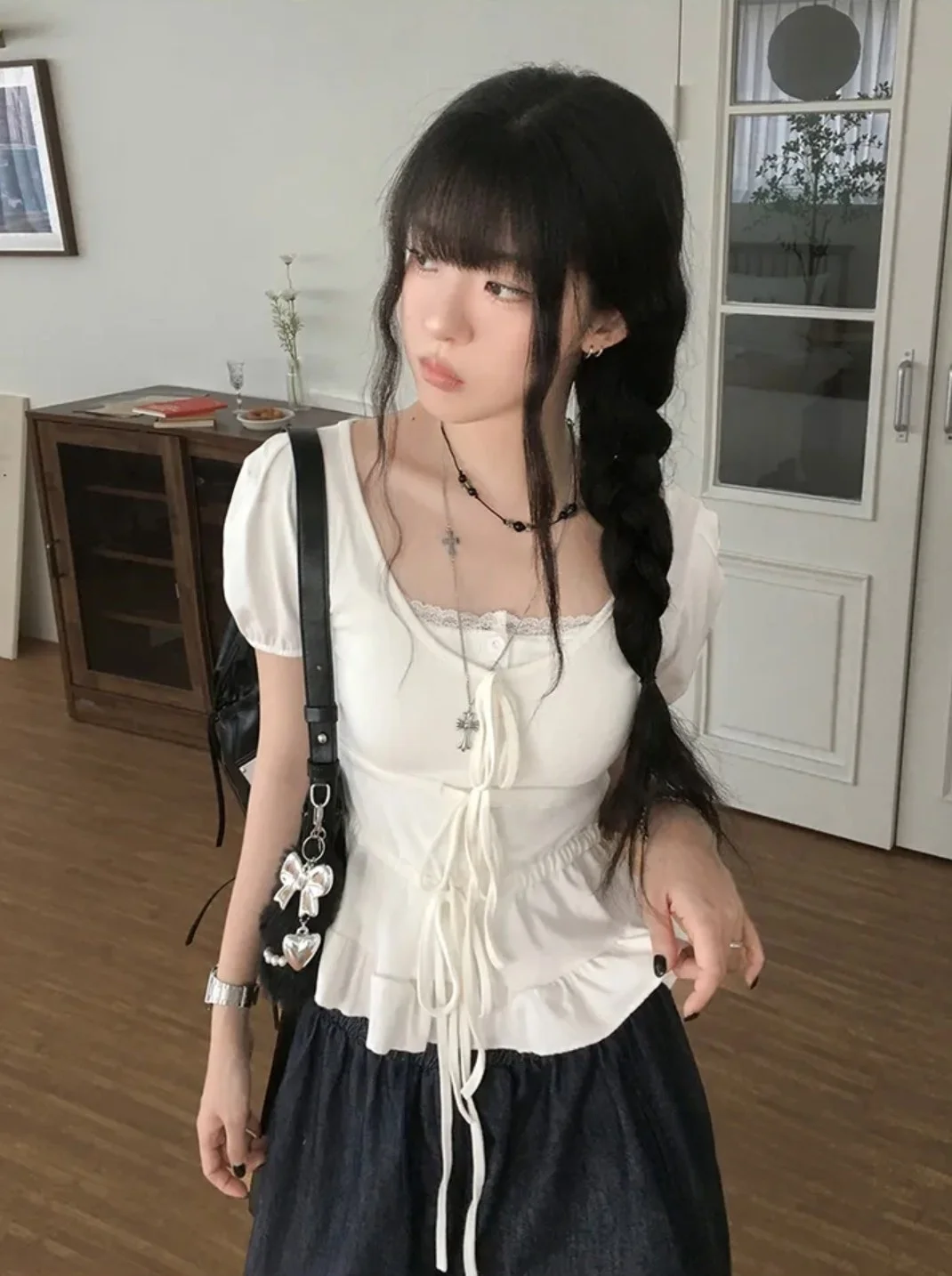 T-shirt d'été coréen pour femmes, ort Sve Bubble Sve, nœud en dentelle, coupe droite, couleur Pure, vêtements de trajet