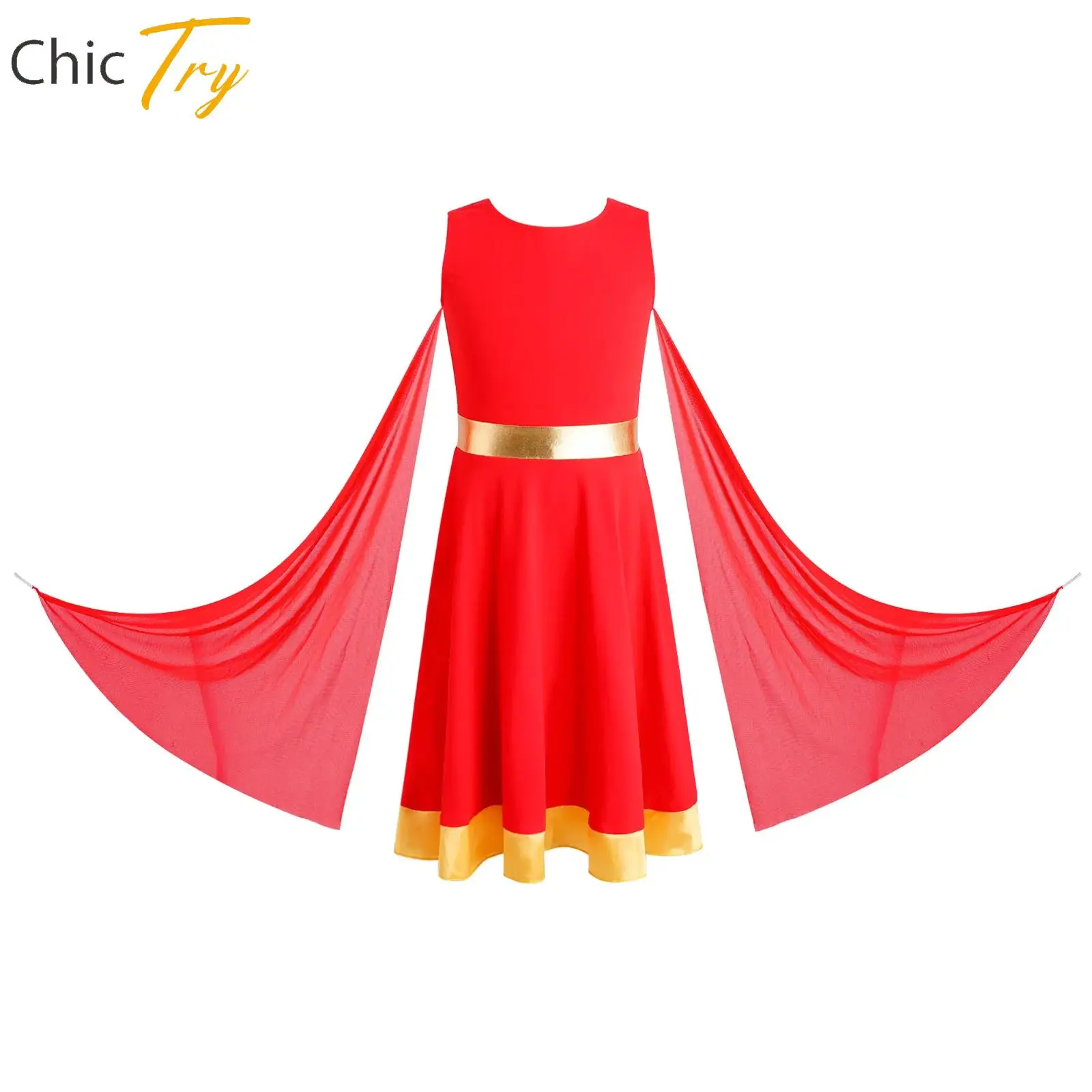 

Child Girls Praise Lyrical Dance Tunic Dress Metallic Waist Hem Dress+Mesh Drapes Set for Liturgical Worship Dance Performance