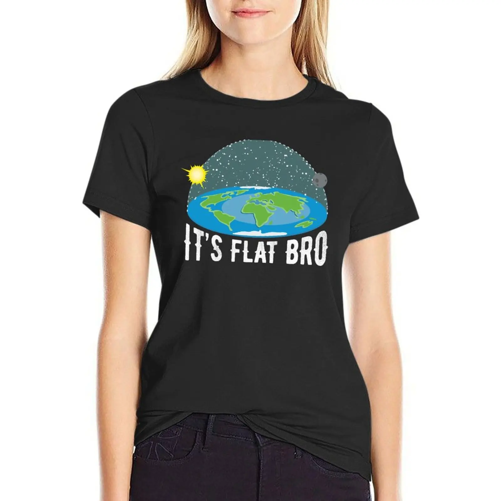 It's Flat Bro Funny Flat Earth Society T-Shirt Short sleeve tee summer clothes graphics tshirts for Women