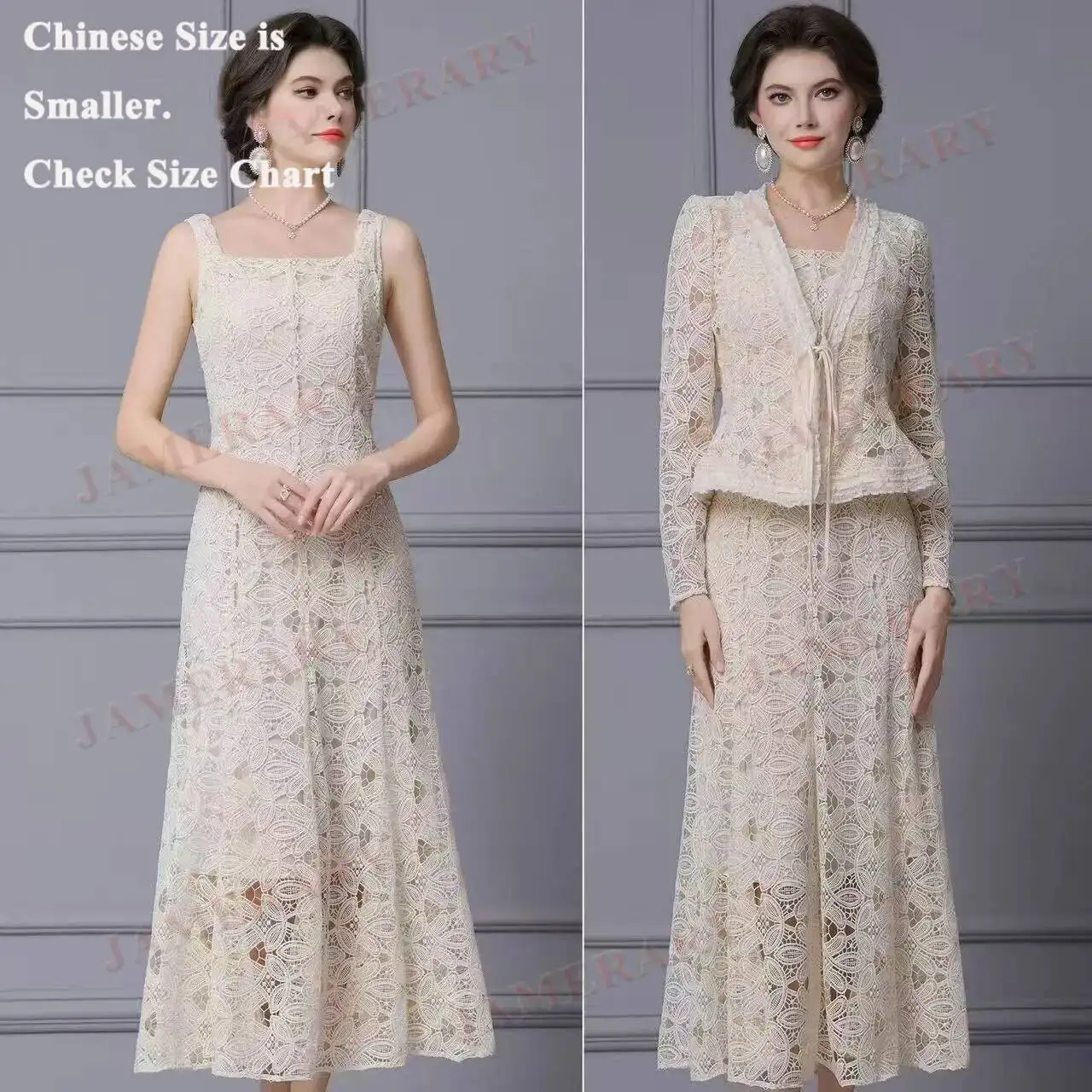 

Summer Two Piece Set Lace Dresses Women Autumn Embroidery Jacket Long Sleeve Coat + Vest Sheath Dress Party Formal Evening Robe