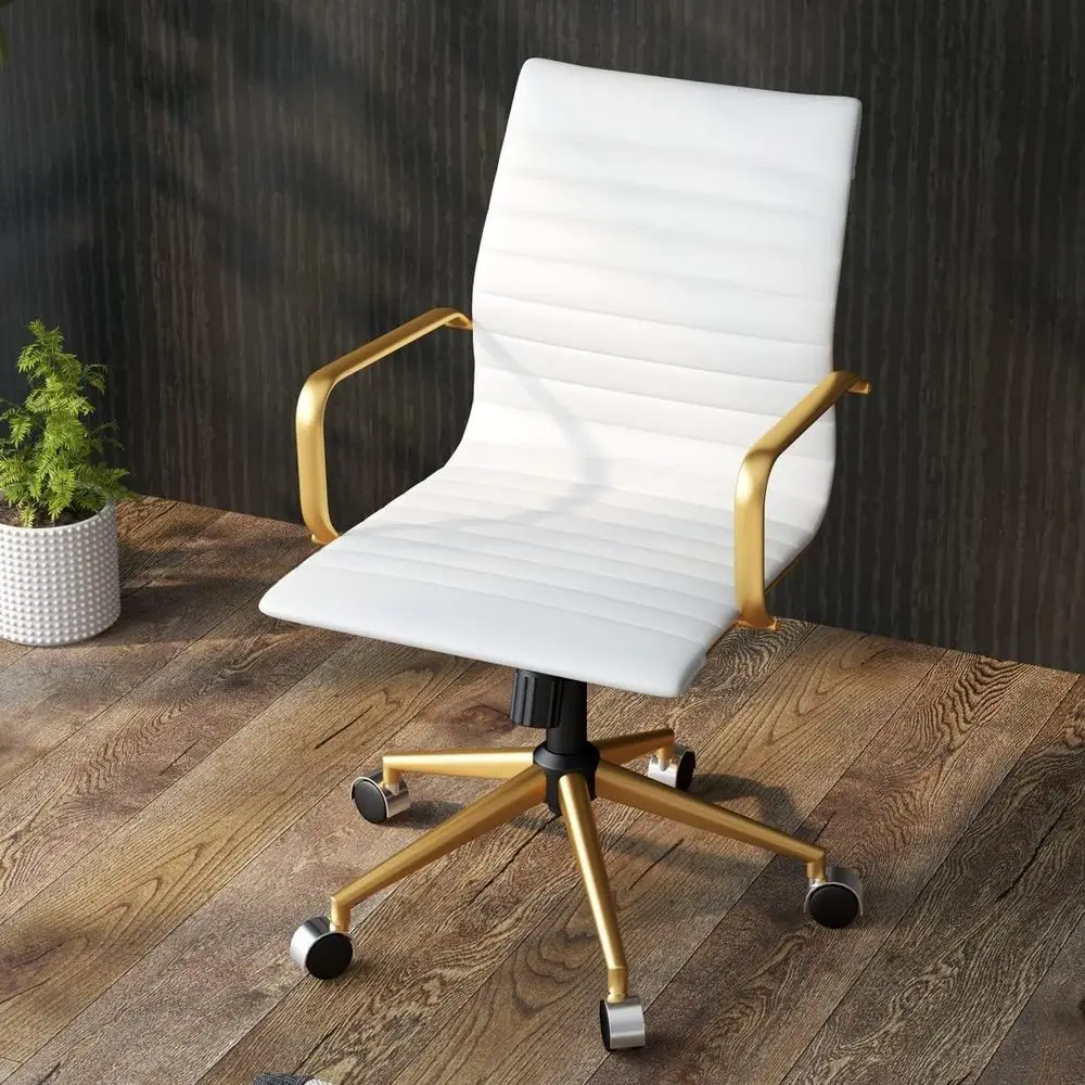 

Ergonomic Swivel Leather Office Chair with Ribbed Design for Conference and Home, White and Gold