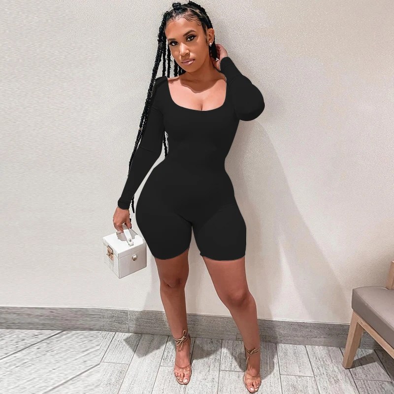 Deep Neck Long Sleeve Jumpsuit Skinny Black Stretchy Bodycon Jumpsuits Autumn Winter Women Fashion Streetwear Outfits Romp