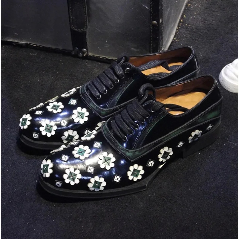 Oxford Embroidery Flower Shoes Men's Four Seasons Casual Fashion Versatile Cowhide Shoes Convenient Dress Shoes 2024 Green