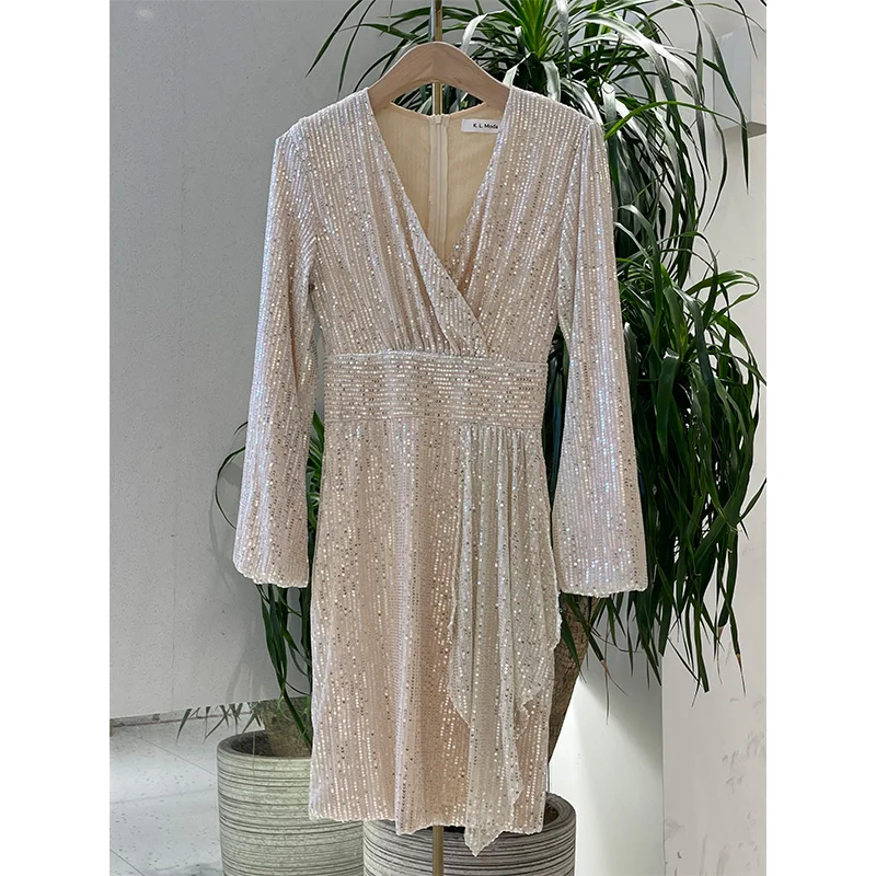 

Ele V-Ne Sequin Dr Women's Luxury Dr Slimming Waist A-Line Skirt Long Sve High Waist Commute Sle