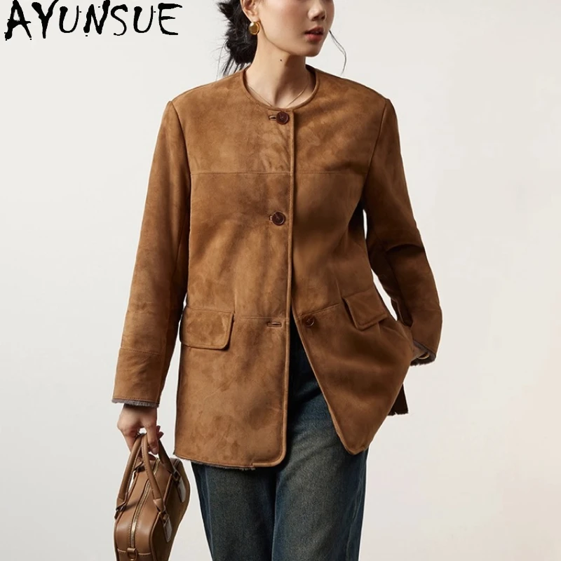

AYUNSUE Natural Goatskin Fur Coat Woman Warm Winter Clothes Fashion Mid-length Genuine Leather Jacket Women 2025 Шуба Женская