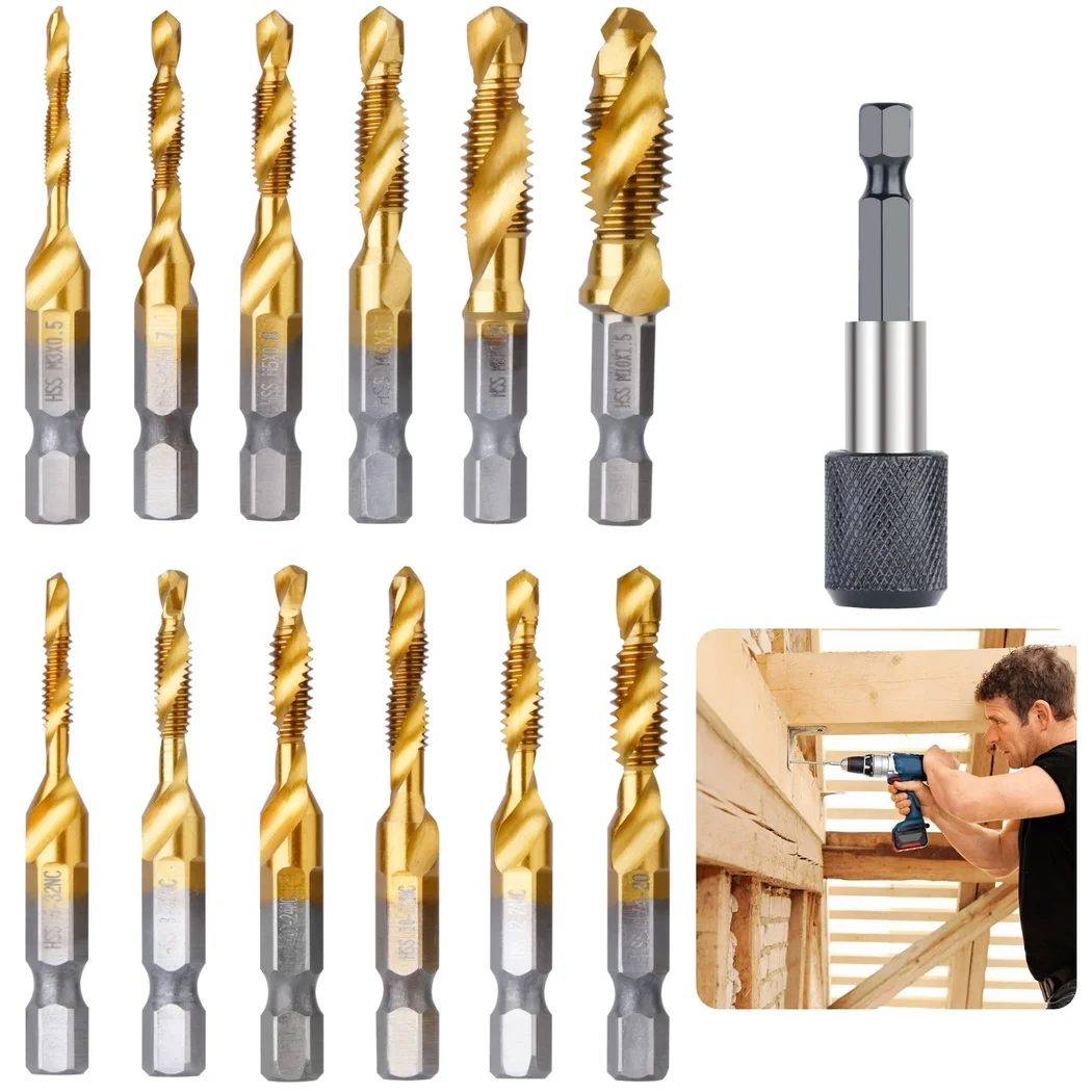 

13Pcs Drill Tap Bit Set SAE/Metric Tap Drill Bit Combination Set With 1/4’’ Quick Change Hex Shank Adapter Steel Drill Tap Bits