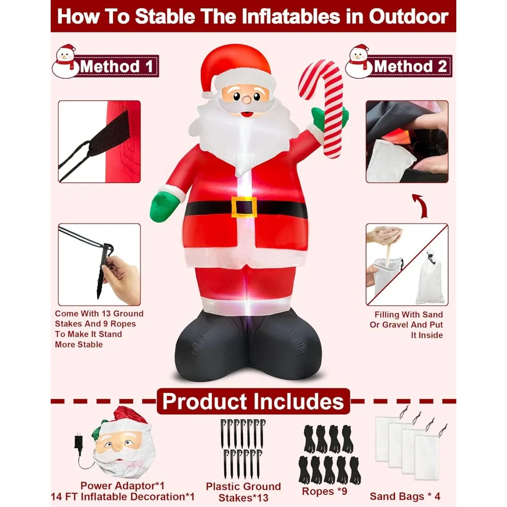 14 FT Giant Christmas Inflatable Santa Claus Outdoor Decorations,Blow Up Yard Decoration with Candy Cane Built-in LED Lights