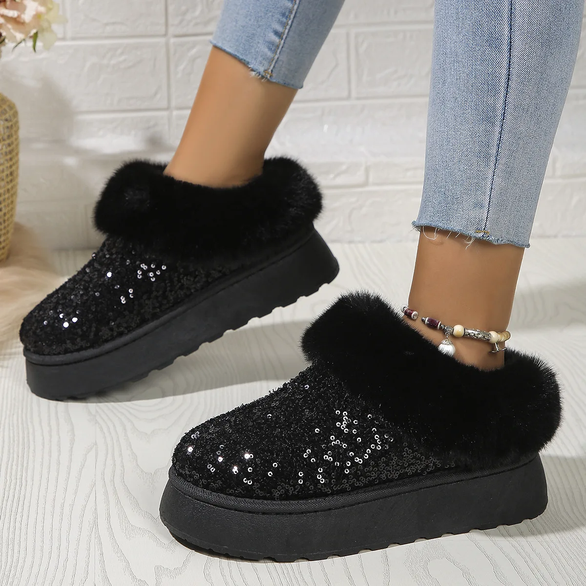 Faux Fur Winter Boots Women 2024 Fashion Sequined Cloth Warm Snow Boots Woman Non-Slip Thicken Plush Ankle Booties Plus Size 44