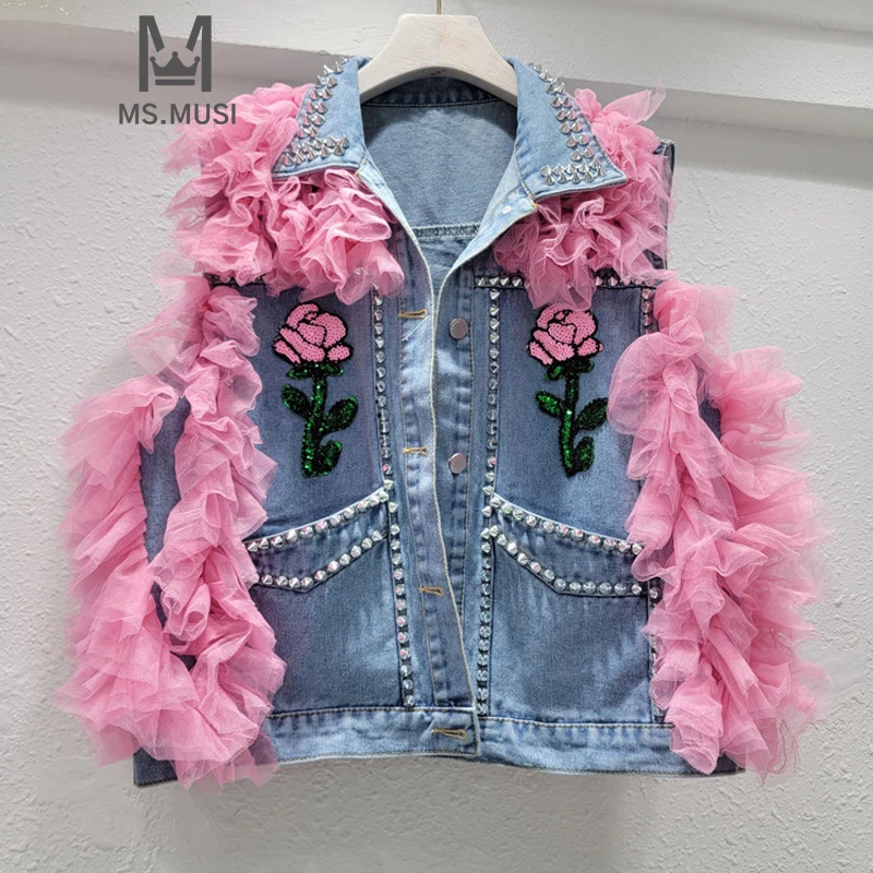 

MSMUSI 2024 New Fashion Women Sexy Lapel Floral Diamond Crystal Sequins Lace Mesh Blazer Top Bodycon Short Jacket Denim Coat