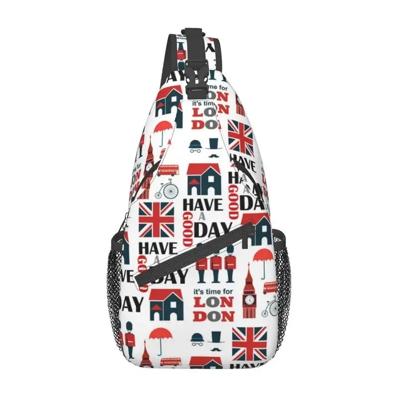 Mochila crossbody sling para homens, Reino Unido Londres colagem, Reino Unido padrão britânico, bolsa de ombro no peito para viajar, mochila, personalizada