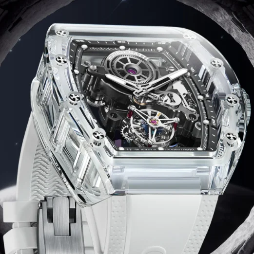BONEST GATTI Mannen Tourbillon Horloge 50mm Tonneau Automatisch Mechanisch Horloge Acryl Case Lichtgevende Saffier Fluororubber Band