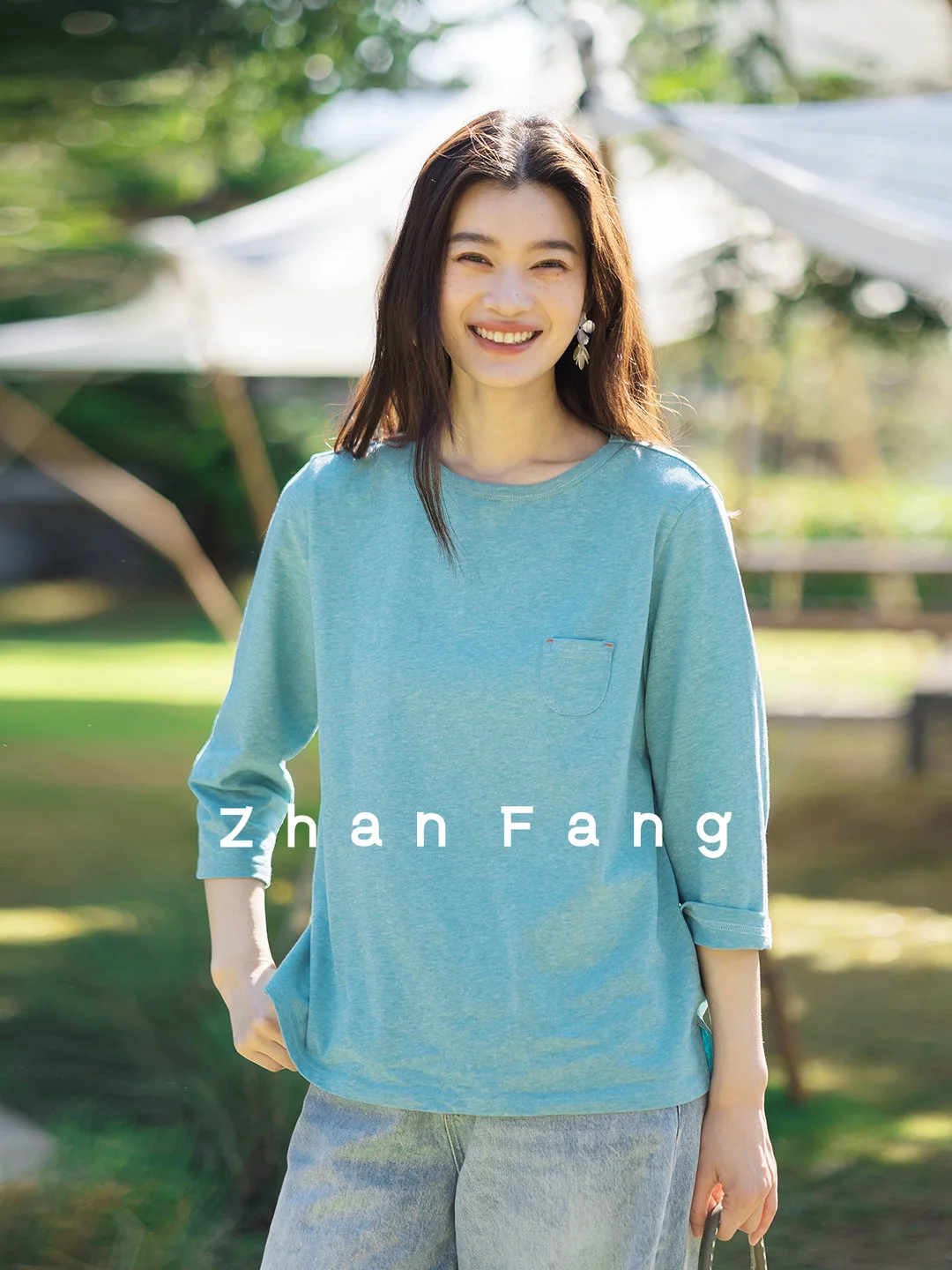 Pure Cotton round Neck T-Shirt with Pocket Spring Casual Nine-Quarter Sleeve Green Color Block Women's Loose Fit Daily Wear