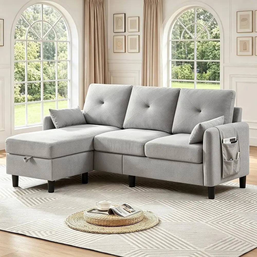 

77 Linen Fabric 3-Seat L-Shaped Sectional Sofa with Storage Chaise and Removable Pillows, Light Grey for Living Room and Office