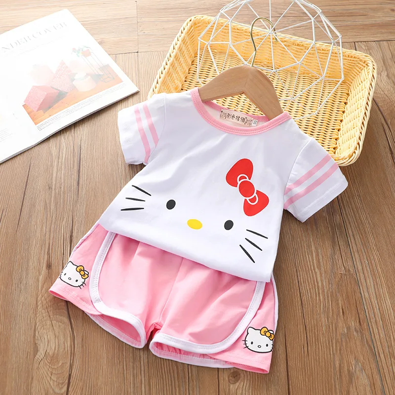 Hello Kitty New Children\'s Clothing Summer Girls Cute Cat Print Two-piece Children\'s Cotton Round Neck T-Shirt + Shorts Set