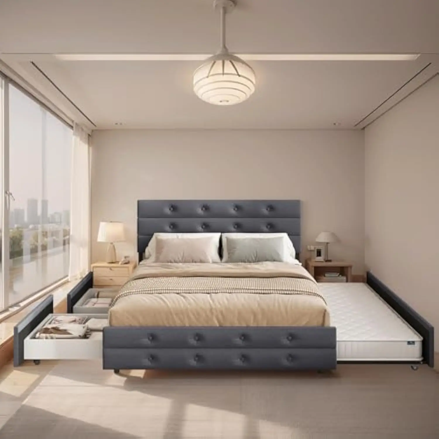 Upholstered Queen Size Platform Bed Frame with Storage Drawers and Trundle Bed, Button Tufted Headboard, Mattress Foundation wi