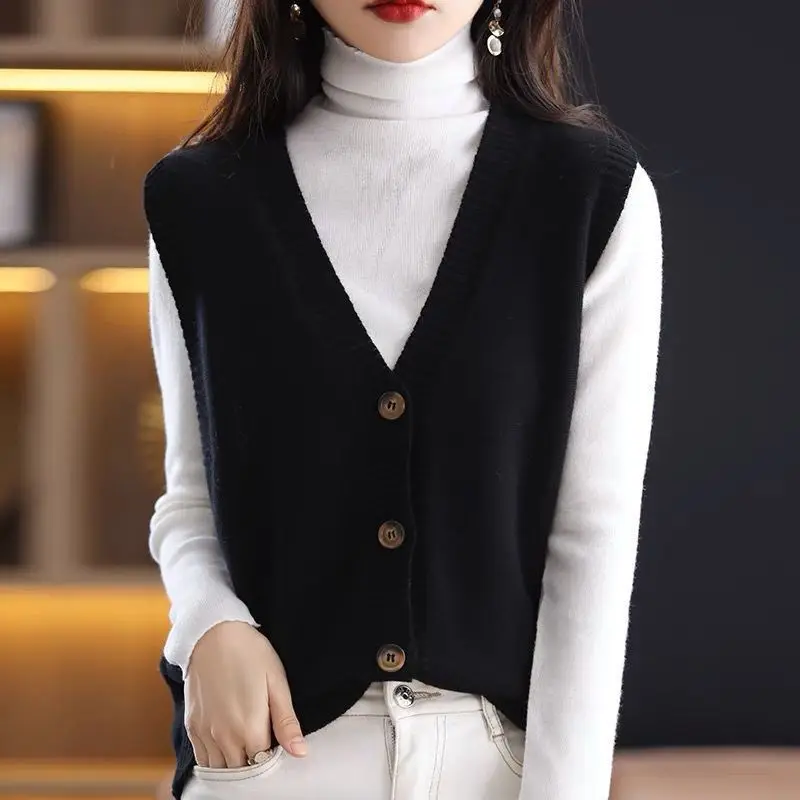 Women Clothing Autumn Winter Korean Fashion V Neck Sleeveless Button Knitted Sweater Vest Casual Solid Loose Outerwear Waistcoat