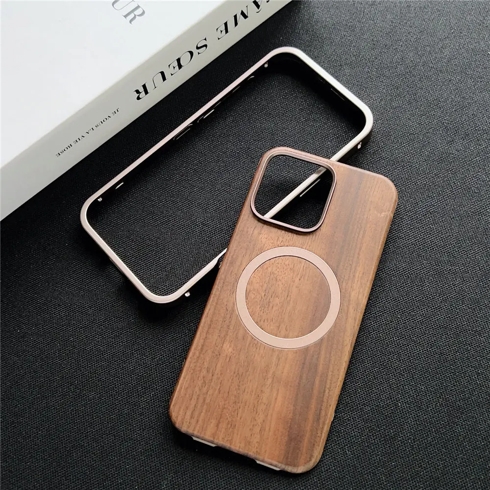 

Slim Walnut Wood Magsafe Case for iPhone 15Pro 16 Pro Max Metal Frame Back Cover