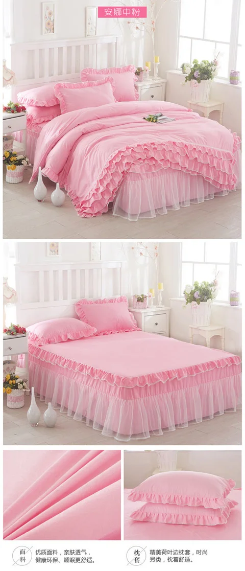 Koreanische Prinzessin Bett bezug 4 Stück Set einfarbige Rüschen Spitze Bett bezug und Kissen bezug für Mädchen Frau romantische Tages decke – Detail 13