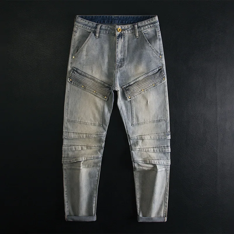 

Heavy duty motorcycle workwear splicing jeans men's style American retro blue multi pocket elastic slim fit small leg pants