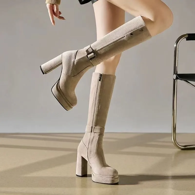 

Autumn and Winter Stretch Boots Round Toe Long Thigh Boots Women Platform Thick High Heel 2025 New