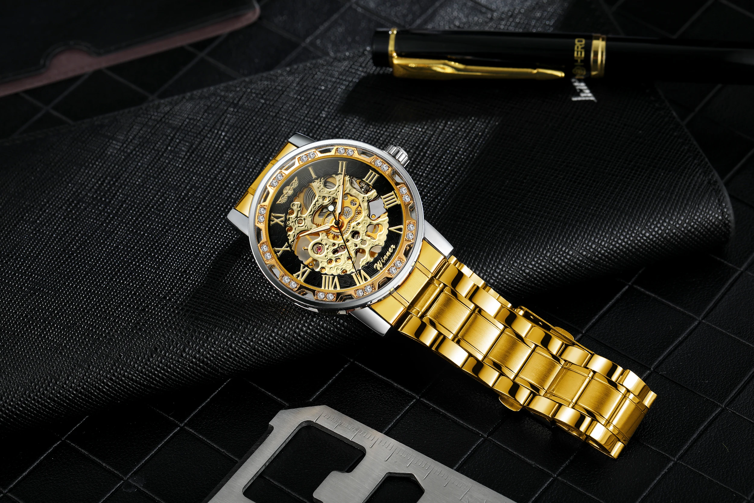 T-WINNER Luxury Men's Watches Skeleton Mechanical Luminous Pointers Engraving Rhinestone Fashion Casual Golden Man Wristwatches