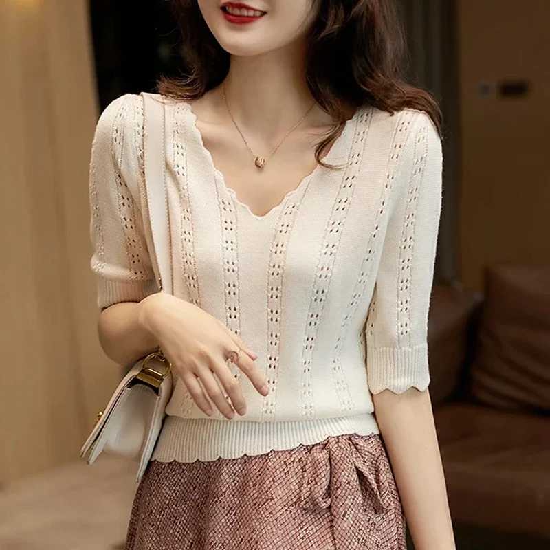 Fashion Short Sleeve Knitted Sweater Womem Pullover Blusas Mujer De Moda 2024 Verano Hollow V-Neck Knit Women Sweater Tops E822