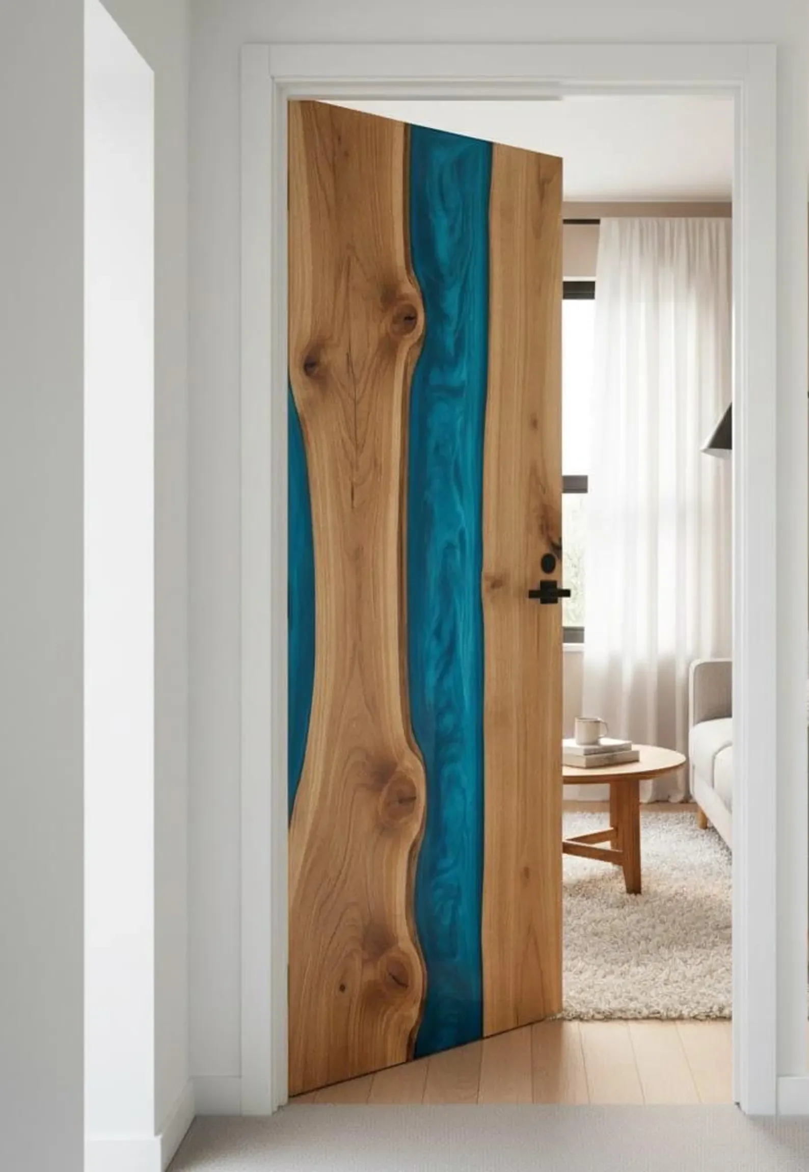 Handcrafted Custom Wood Slab Door or Gate for Modern Home Decor Live Edge River Door with Blue Epoxy Resin