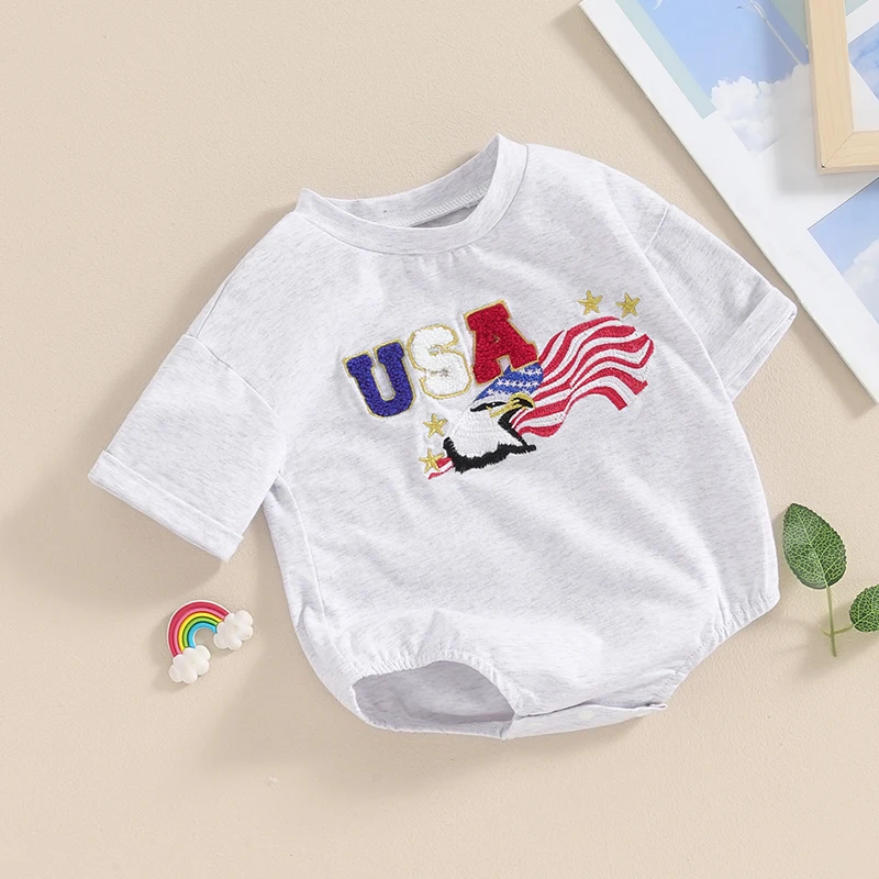 Independence Day Baby Romper with American Flag Print Round Neck Short Sleeve Bodysuit Toddler Patriotic Outfit for 4th of July