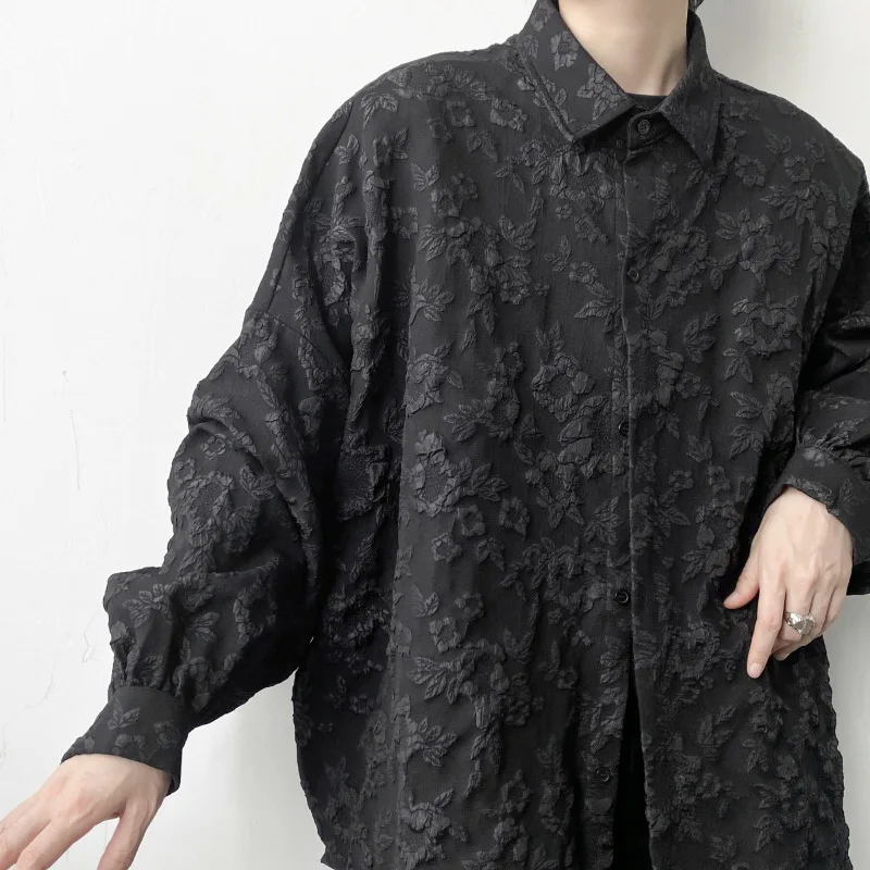 2026 New Men's Japanese Style Shirt Jacket Dark Series Embossed Flower Pleated Long Sleeve Shirt Casual Light Mature Fashion Top
