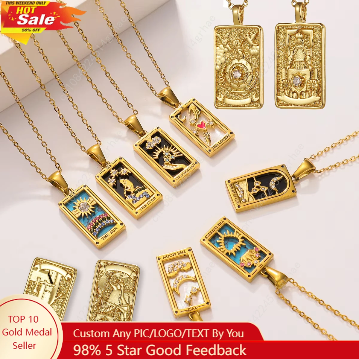 

YILUOCD Original Zirconia Tarot Card Necklace Classic Tarot Queen Lover Magician Moon Wealth Amulet Stainless Steel Jewelry