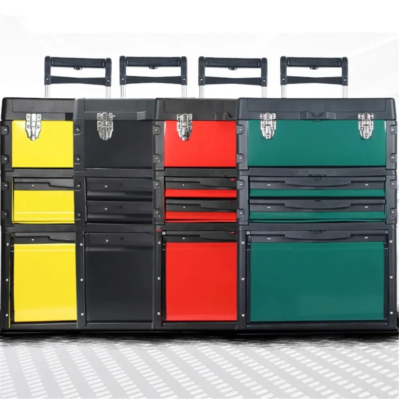 Removable Three-layers Alloy Tool Box with Wheels with Drawers Large Capacity Portable Tool Storage for Electrician Metalworker